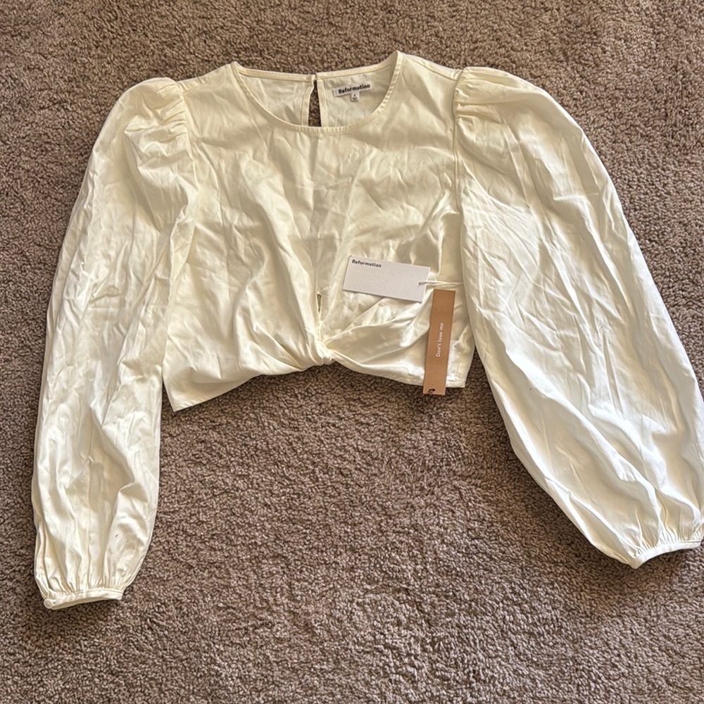 Reformation Cream Bishop Sleeve Tie Front Blouse